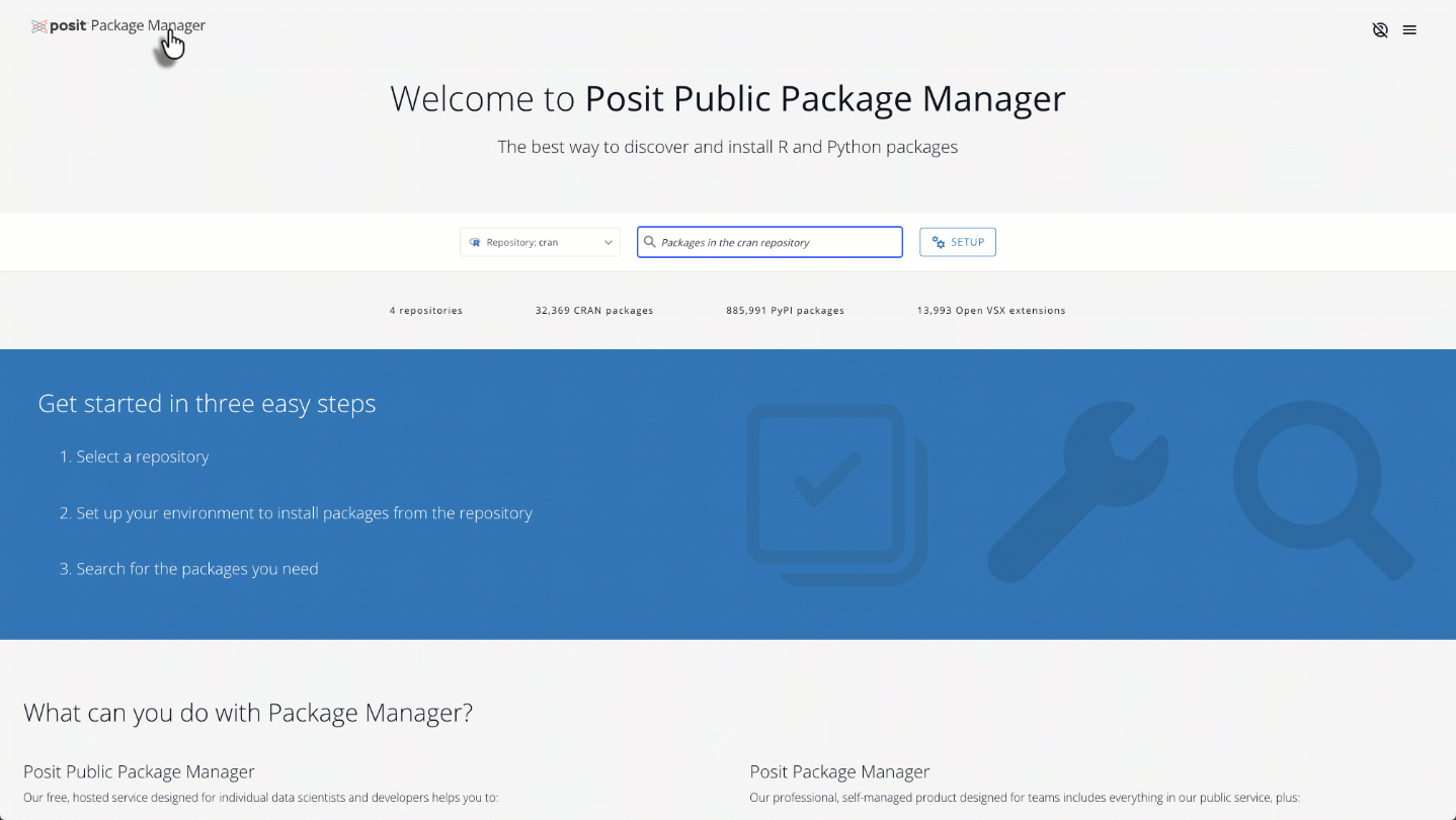 The animation opens on the Posit Public Package Manager home page, then navigates to the dplyr 1.2.1 package detail page. The Overview tab displays a left sidebar with install commands, a Configuration section for selecting distribution and R version, and package metadata including authors, license, and published date. The main content area shows collapsible sections: Readme (rendering the full dplyr README with badges), Package Files (filtered by platform and R version), System Requirements, and Dependenci