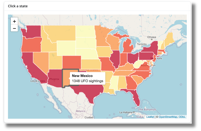 A choropleth map of the continental  United States with the colors signifying UFO sightings, light yellow being the fewest to dark red being the most, the cursor hovering over New Mexico to see the value of 1348 UFO sightings.