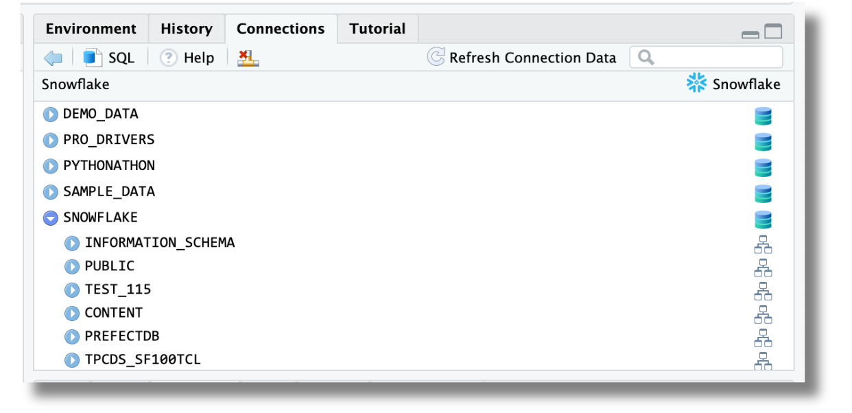 The Connections pane in Posit Workbench displaying the available Snowflake tables in RStudio.