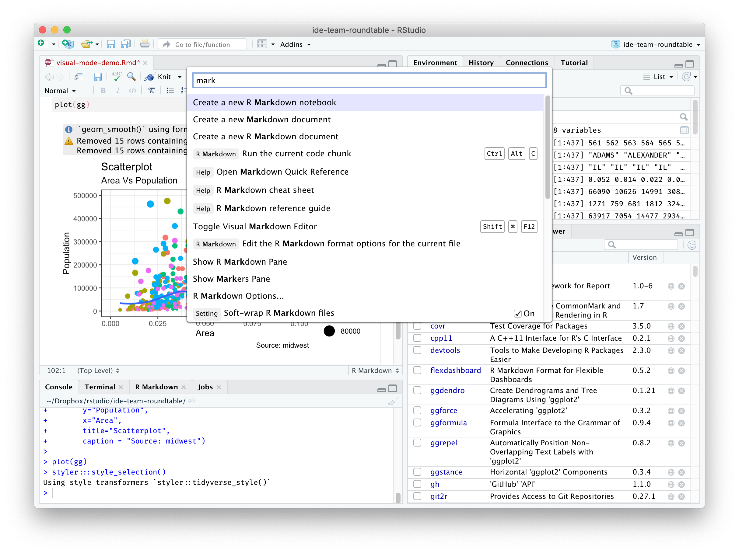 Screenshot of the RStudio IDE with the Command Palette open