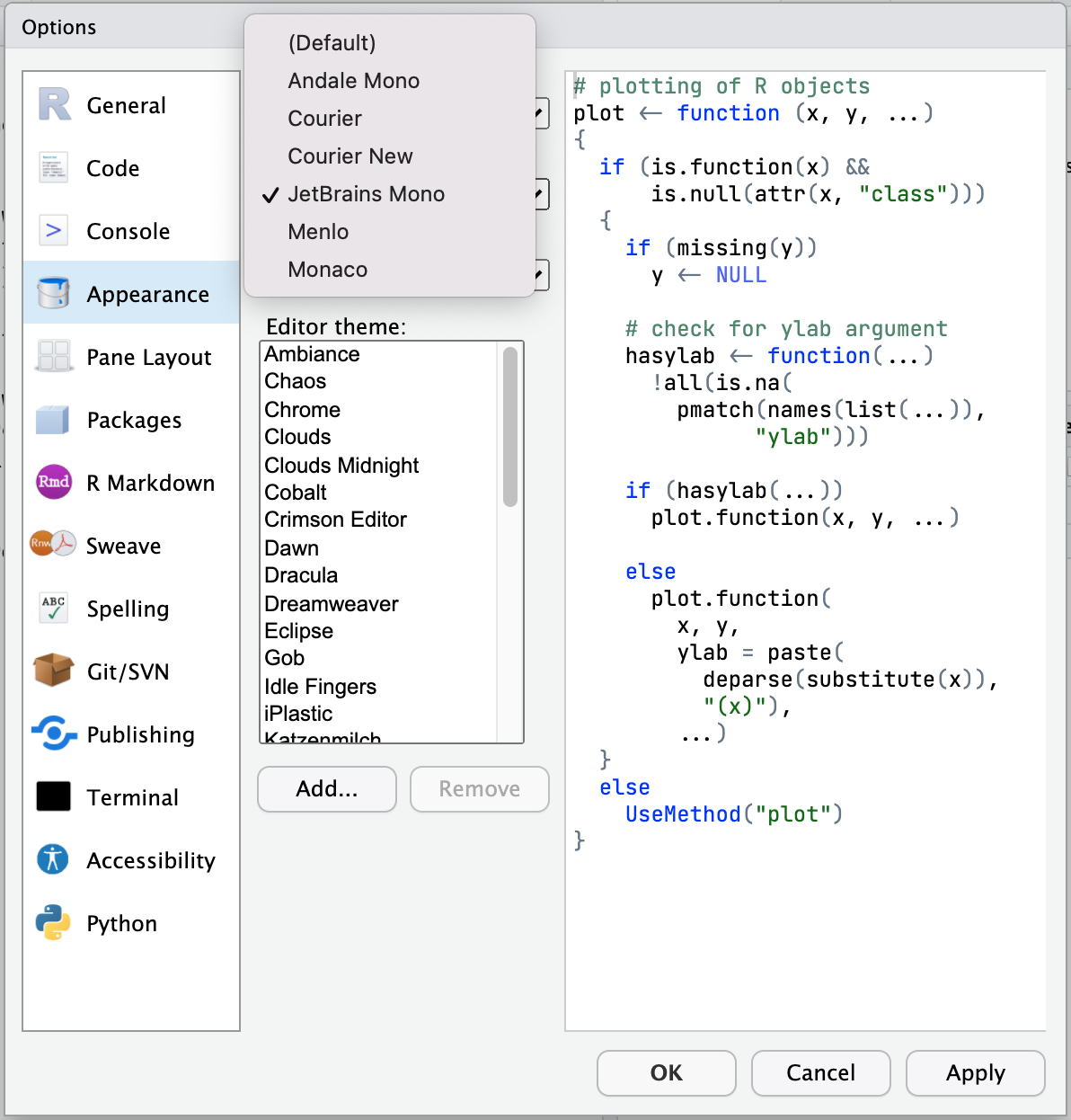 RStudio Server's Appearances pane showing font choices