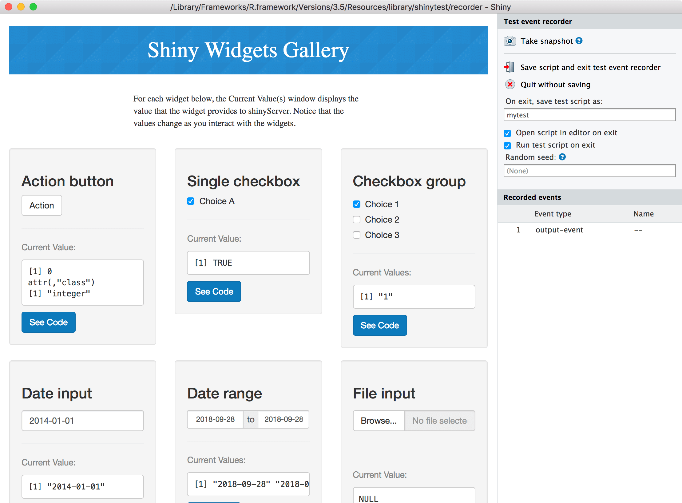 RStudio record shinytest window