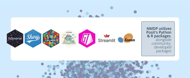 Packages NMDP uses including shiny, tidyverse, ellmer, chatlas, GT, streamlit, and scikit learn