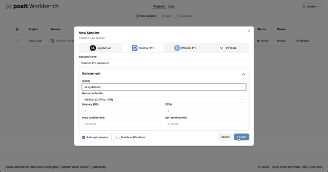 Workbench session launcher