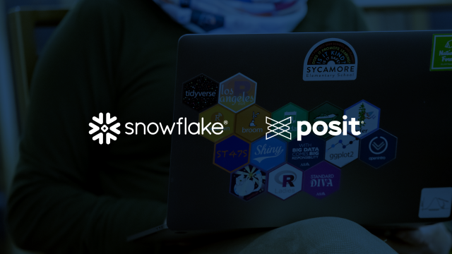 Snowflake and Posit logos over a laptop covered in R and data science community stickers, including tidyverse and RStudio.