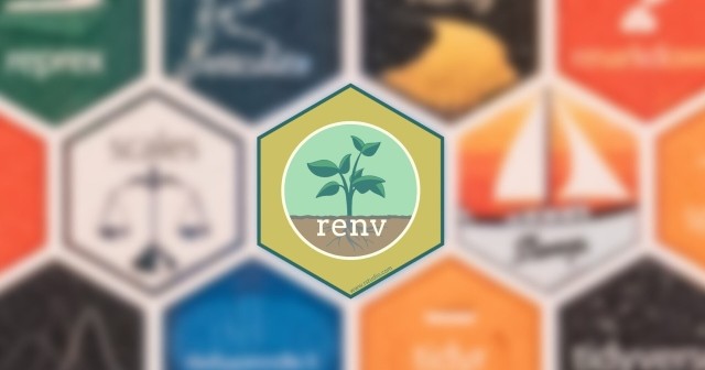 The renv package on a blurred wall of other package hexes