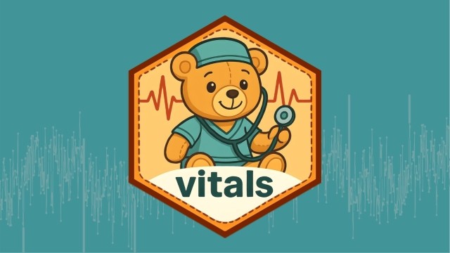 An illustration shows a friendly cartoon bear dressed as a pediatrician, wearing a teal scrub top and cap, and holding a stethoscope. The bear is inside a hexagon-shaped emblem with a red dashed outline. Behind the bear are red lines representing a heartbeat. Below the bear, the word "vitals" is written in black lowercase letters on a white banner. The entire emblem is set against a teal background with subtle, light gray, vertical lines in the lower portion, resembling a sound wave or data visualization.