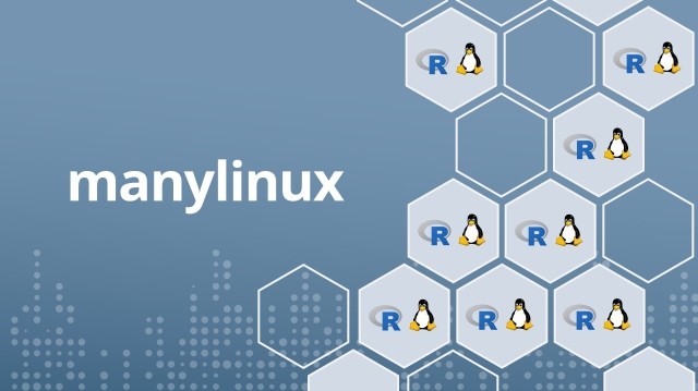 An illustration with the text "manylinux" on the left and a pattern of interconnected hexagons on the right. Many of the hexagons contain a blue "R" and a penguin icon.