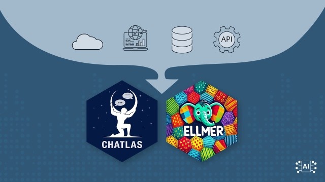 An image shows two hexagonal logos below a row of four icons connected by an arrow. The top icons, from left to right, are: a cloud, a laptop with a bar graph, a stack of cylinders representing a database, and a gear with "API" inside. The arrow points from these icons to the two logos below. The logo on the left is a white hexagon with a black outline, featuring a white silhouette of Atlas holding up a sphere with chat bubbles and data visualizations. Below it, the word "CHATLAS" is written in white. The l