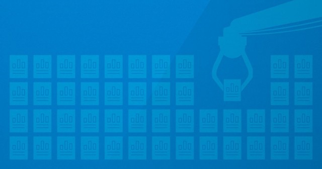Blue cartoon of a crane picking up a box among a bunch of other boxes
