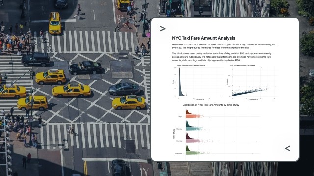 In the background, an overview of a busy NYC street filled with yellow taxis. In a callout box is a Quarto report on taxi fares.