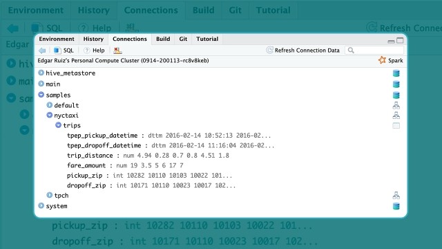 The Connections pane in RStudio showing the Unity Catalog tables from Databricks