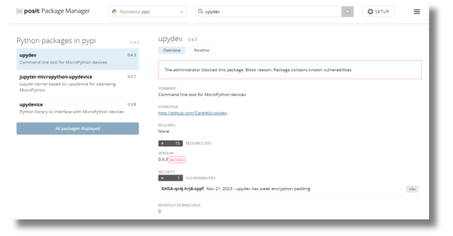 Blocked packages from PIPy on Posit Package Manager