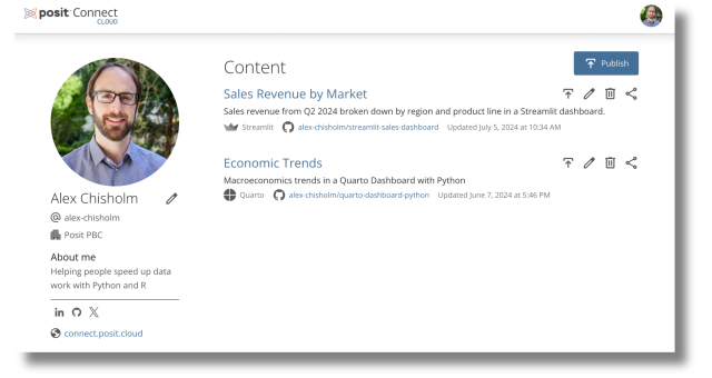 The profile page on Posit Connect Cloud, with the user