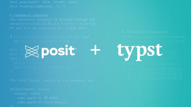 A teal-blue graphic advertises "posit + typst."