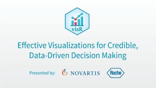 Text: Effective visualizations for credible, data-driven decision making, Presented By: Novartis, Roche. visR logo, Novartis Logo, Roche logo