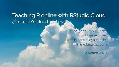 Text: Teaching R online with RStudio Cloud. Mine Cetinkaya-Rundel. Cloud image with text imposed